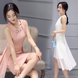 2016夏季新款不规则裙韩版女装修身无袖长裙显瘦中长款雪纺连衣裙