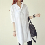 春季新款韩版女装大码衬衫宽松显瘦立领女式中长款纯白色休闲衬衫