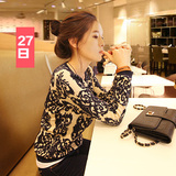韩版2016春装新款大码长袖修身毛衣外套抽象图案针织衫女开衫短款