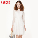 Nancyk2016春装新品收腰显瘦中长款时尚九分袖精致蕾丝连衣裙