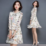 2016春季新款 韩版女装 印花系带收腰显瘦花色长袖雪纺连衣裙女