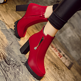 春季新款大红色婚鞋粗跟单鞋马丁靴女超高跟圆头女靴子欧美短靴潮