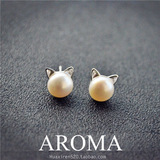 AROMA 韩国925纯银天然淡水珍珠猫咪耳钉不过敏送女友气质E001