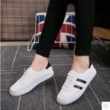 韩版新款女鞋系带平底平跟两道杠帆布鞋学生鞋休闲运动鞋40码白色