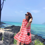 香港代购夏季圆形印花海边度假无袖v领连衣裙褶皱裙子女沙滩短裙