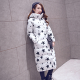 2015冬季新款韩国星星印花修身超长款羽绒棉服女过膝棉衣连帽外套