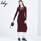 Lily专柜同款女装通勤纯色钉珠中长直筒修身连衣裙115330D7202
