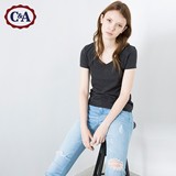 C＆A女式V领基本款短袖T恤 2016秋季新款纯色打底上衣CA200181940