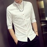 韩国夏休闲大码亚麻七分袖韩版修身白色短袖衬衣上衣服男衬衫纯色