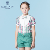 卡米尼童装2016夏装新款女童短袖格子衬衫中大童女孩上衣儿童衬衣