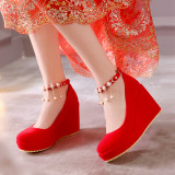 秋季红色结婚鞋水钻串珠女鞋防水台坡跟高跟鞋一字扣带中式新娘鞋