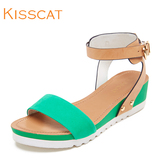 kisscat 接吻猫 夏新款女鞋坡跟鞋简约真皮女士凉鞋D55496-01LD