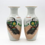 景德镇文革老厂瓷器交通新面貌花瓶一对古董古玩手绘瓷器老货收藏
