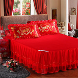 韩版席梦思单件床罩结婚庆大红色公主蕾丝床裙笠花边床单套1.8米