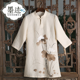 中国风女秋亚麻手绘复古唐装古装五分袖女装复古改良中式女士上衣