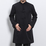 原创设计中国风道袍中长款盘口大翻领纯色修身薄款外套男式夹克