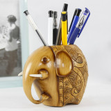 大象笔筒创意时尚摆件 中式办公室书桌可爱工艺家居饰品 实木摆饰