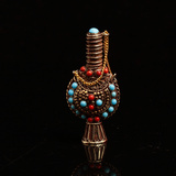 西藏红精品尼泊尔黄铜鼻烟壶㊣藏式手工镶嵌蓝红宝石特色民族工艺