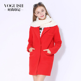品牌女装冬装翻领大衣红色羊毛呢外套女中长款修身加厚加棉