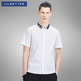 Lilbetter男士短袖衬衫 夏季撞色领半袖衬衣纯白色刺绣衬衫男短袖