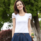 新款夏装棉女装韩版蕾丝袖白色显瘦短款T恤 简约女款短袖上衣