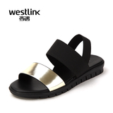 Westlink/西遇2016夏季新款 牛皮拼色低跟平底一脚蹬露趾女潮凉鞋