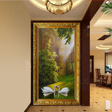 手绘油画玄关走廊竖版挂画风景油画欧式高档有框画无框壁画天鹅湖