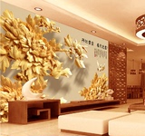 电视背景墙画3d墙纸大型壁画沙发壁纸无纺布画立体中式木雕牡丹花