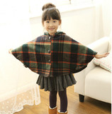 潮2015韩版秋冬装新款童装女童格子呢料斗篷披风儿童外套加厚毛呢