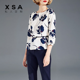 XSA欧美2016夏新款印花女士衬衫裤子两件套时尚显瘦职业套装OL