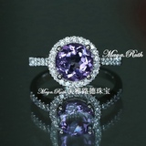 巴西天然紫水晶戒指 圆形925纯银镀白金微镶排钻豪华情人节礼物