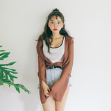 韩国Stylenanda代购正品棕色开衩喇叭袖衬衫女长袖夏雪纺薄款宽松