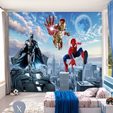 大型壁画 3D蜘蛛侠蝙蝠侠钢铁侠个性壁纸壁画儿童房背景卡通墙纸