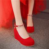 春秋单鞋婚礼红鞋舒适孕妇结婚鞋红色新娘鞋坡跟防水台超高跟女鞋