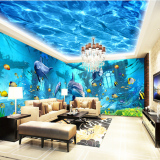 3D立体海洋海底世界餐厅壁纸海豚主题乐园大型壁画酒店KTV墙纸布