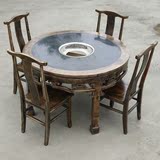 仿古做旧雕花实木大理石火锅桌椅圆形燃气电磁炉火锅桌椅可定制