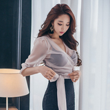 上衣2016夏季新款女装韩版时尚性感透视装收腰蝴蝶结喇叭袖雪纺衫