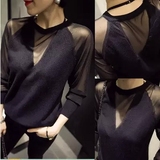 韩国代购ZARA2015秋新女装v领套头针织衫性感拼接打底衫毛衣薄款