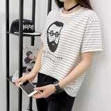 韩版人头印花细横条纹宽松大码200斤短袖T恤体恤女装韩国潮流夏季