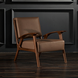 北欧宜家咖啡椅 简约现代休闲椅 实木榆木真皮带扶手沙发