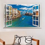 欧式山水风景油画威尼斯假窗墙贴纸DLX手绘壁画客厅 玄关聚宝盆