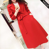 2015冬装橘红色女韩版高端修身过膝长款双面羊绒毛呢外套呢子大衣