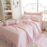 高档莫代尔全棉四件套韩版纯色蕾丝花边床裙床上用品粉床单被套