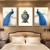 格丽 客厅装饰画现代沙发背景墙画欧式三联画挂画有框画 蓝孔雀