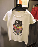 胸前有只大鸟！夏季韩版女装短袖T恤纯棉宽松卡通猫头鹰印花上衣
