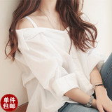 2016春季新款韩版个性纯色性感吊带露肩中长款白色衬衫女潮上衣