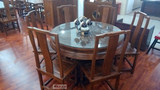 新中式六人圆餐桌椅 雕花圆桌椅 仿古老榆木实木家具 餐厅家具