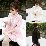 2016春季新款韩版学院风气质甜美绒料蕾丝娃娃衫两件套连衣裙套装