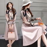 女装2016春夏季新款韩版长袖印花两件套连衣裙中长款时尚套装裙子