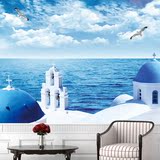 电视背景墙大型地中海墙纸壁画爱琴海风景蓝色客厅卧室无纺布壁纸